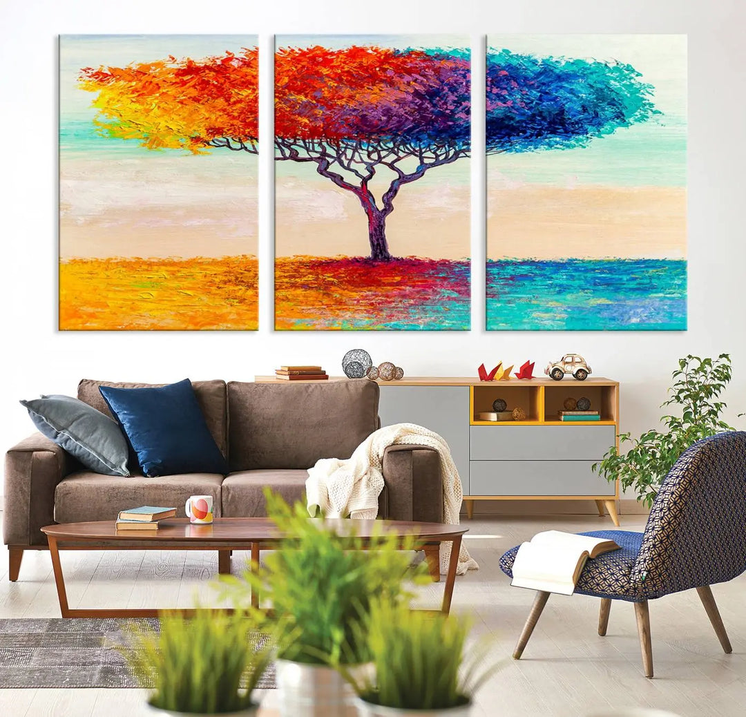 Vivid three-panel "Color Pop Tree Wall Art Canvas Print," elegantly gallery wrapped, showcasing its vibrant leaves.