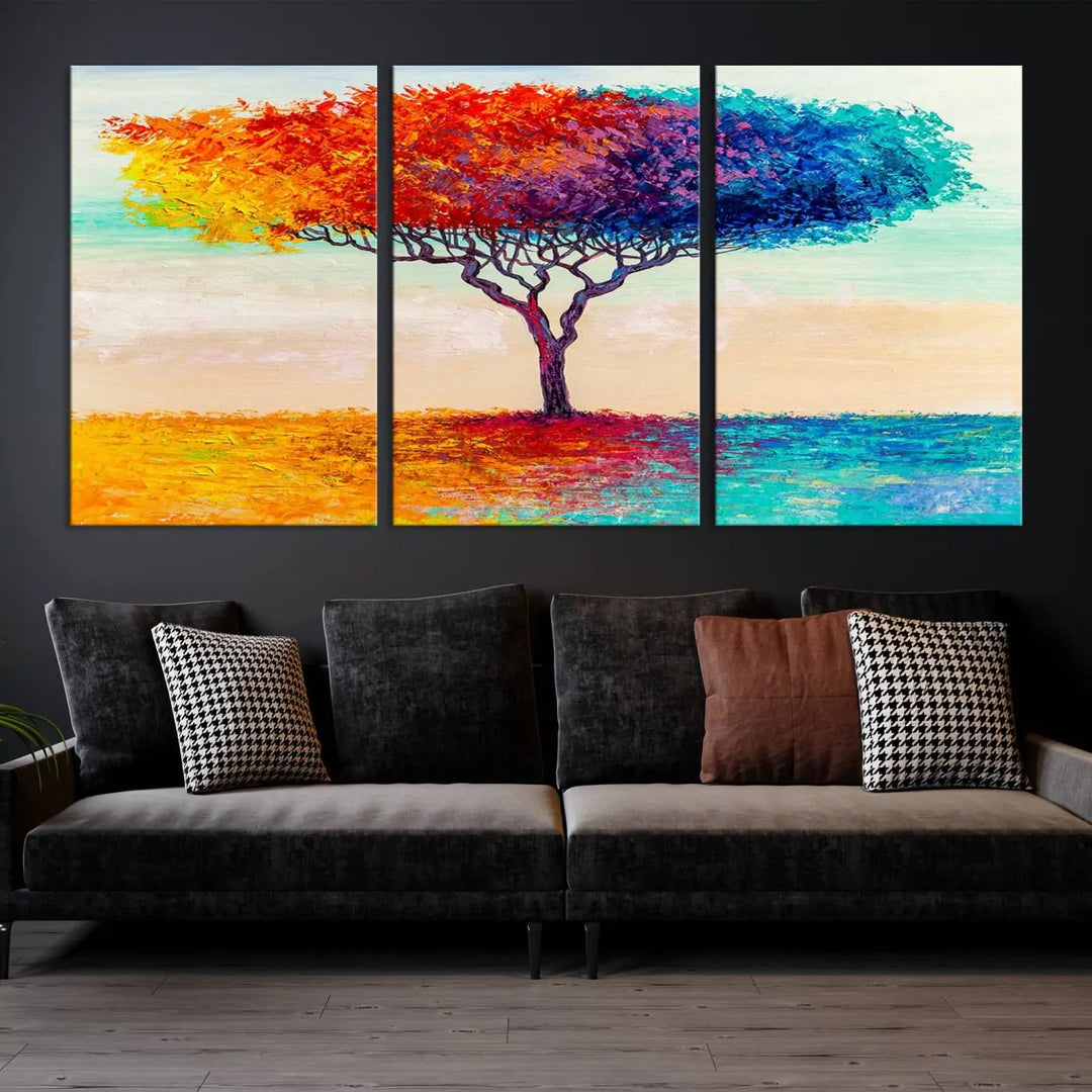 Vivid three-panel "Color Pop Tree Wall Art Canvas Print," elegantly gallery wrapped, showcasing its vibrant leaves.