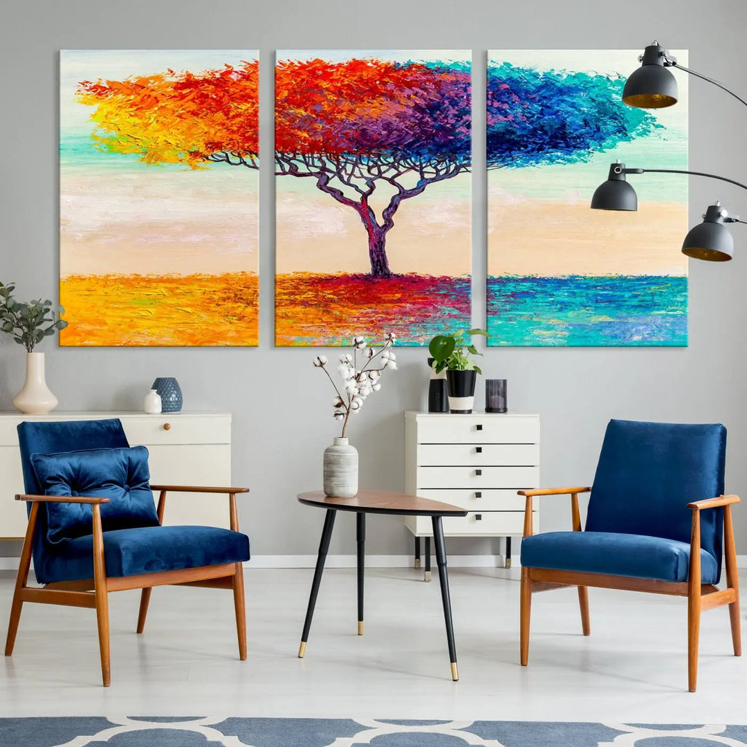 Vivid three-panel "Color Pop Tree Wall Art Canvas Print," elegantly gallery wrapped, showcasing its vibrant leaves.