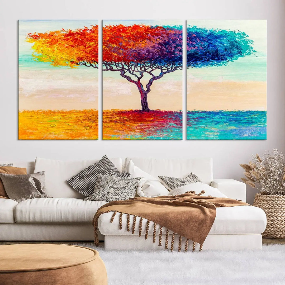 Vivid three-panel "Color Pop Tree Wall Art Canvas Print," elegantly gallery wrapped, showcasing its vibrant leaves.