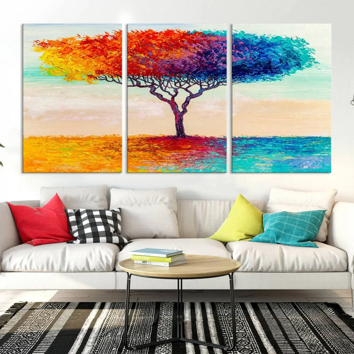 Vivid three-panel "Color Pop Tree Wall Art Canvas Print," elegantly gallery wrapped, showcasing its vibrant leaves.