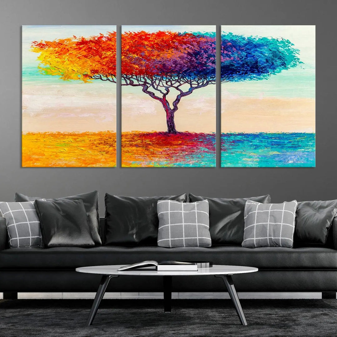 Vivid three-panel "Color Pop Tree Wall Art Canvas Print," elegantly gallery wrapped, showcasing its vibrant leaves.