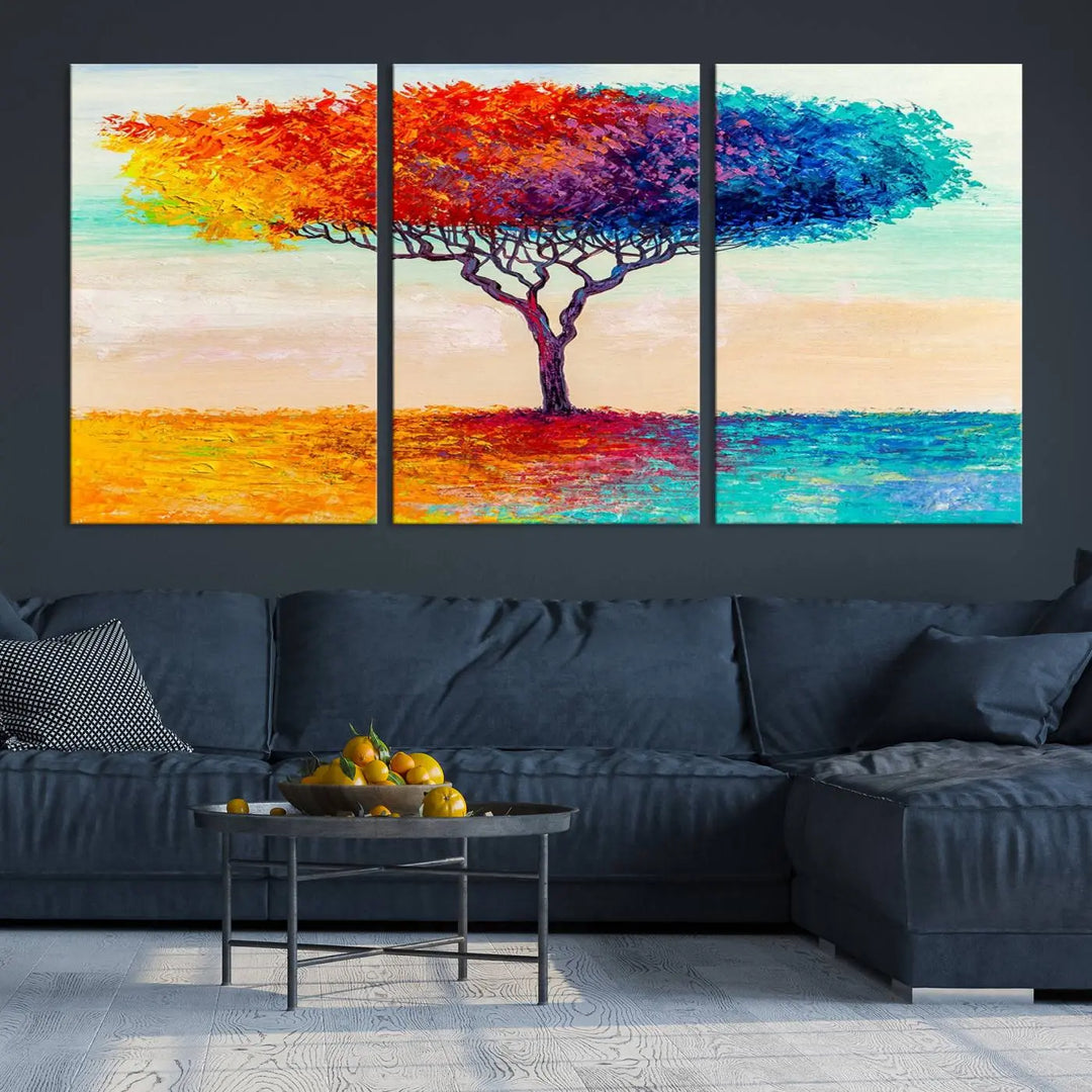 Vivid three-panel "Color Pop Tree Wall Art Canvas Print," elegantly gallery wrapped, showcasing its vibrant leaves.