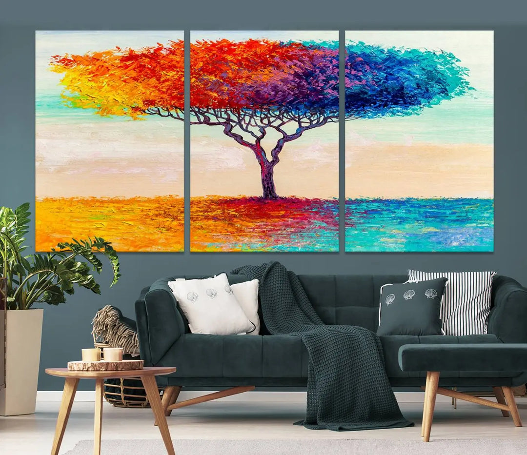 Vivid three-panel "Color Pop Tree Wall Art Canvas Print," elegantly gallery wrapped, showcasing its vibrant leaves.