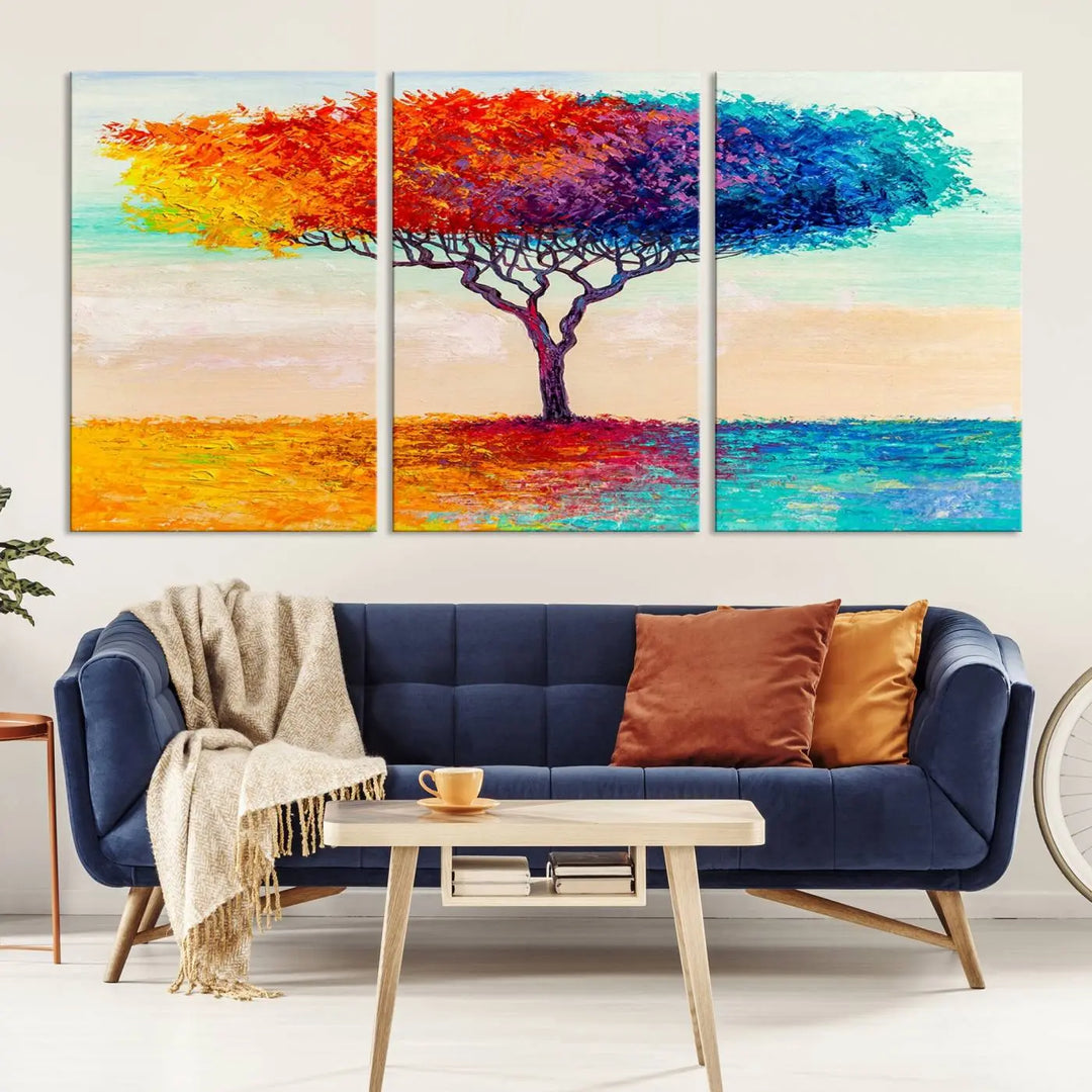 Vivid three-panel "Color Pop Tree Wall Art Canvas Print," elegantly gallery wrapped, showcasing its vibrant leaves.