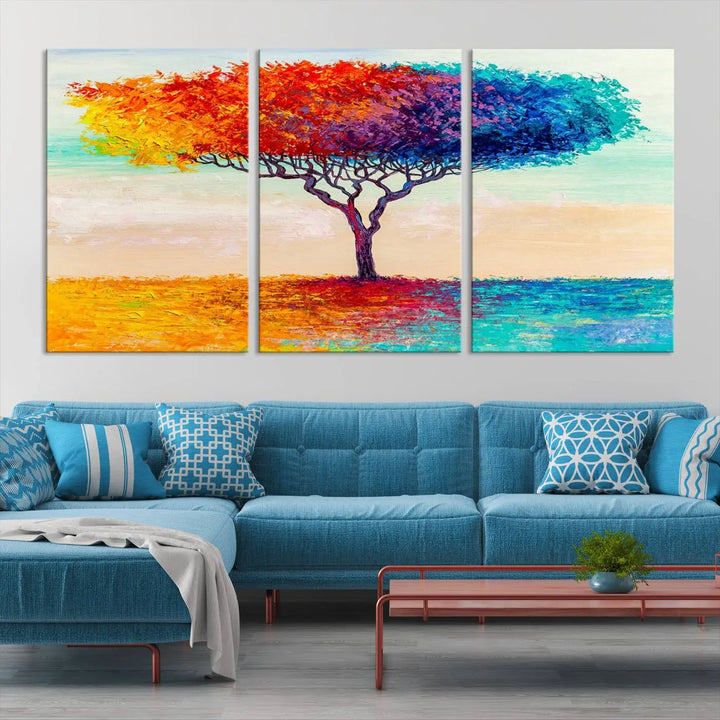 Vivid three-panel "Color Pop Tree Wall Art Canvas Print," elegantly gallery wrapped, showcasing its vibrant leaves.