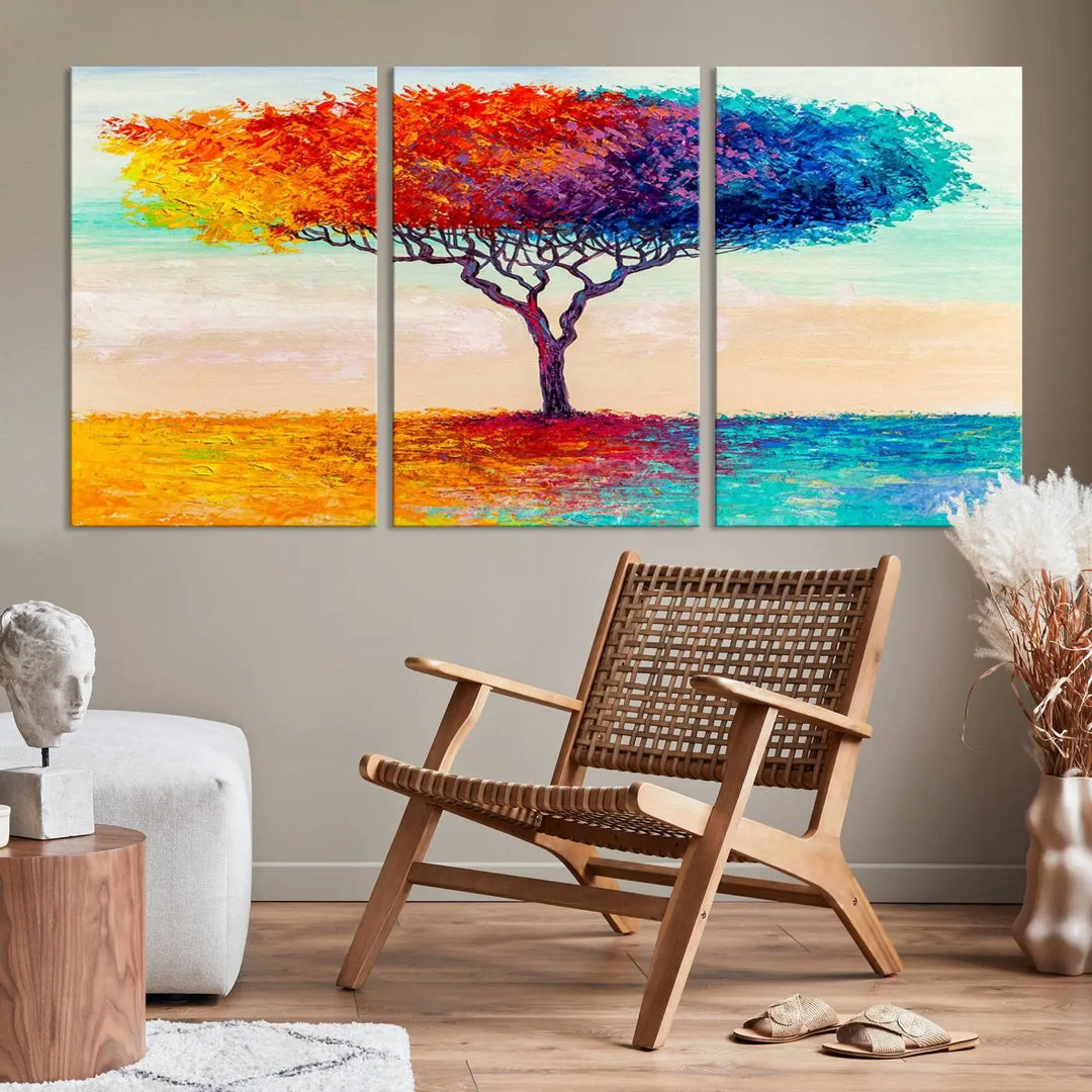 Vivid three-panel "Color Pop Tree Wall Art Canvas Print," elegantly gallery wrapped, showcasing its vibrant leaves.