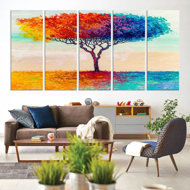 Vivid three-panel "Color Pop Tree Wall Art Canvas Print," elegantly gallery wrapped, showcasing its vibrant leaves.