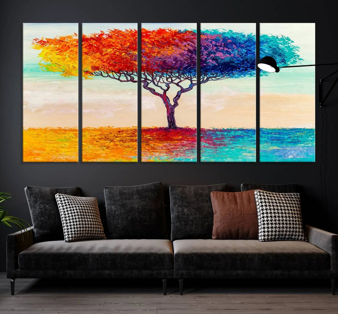 Vivid three-panel "Color Pop Tree Wall Art Canvas Print," elegantly gallery wrapped, showcasing its vibrant leaves.