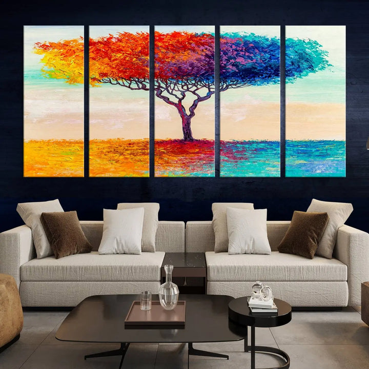 Vivid three-panel "Color Pop Tree Wall Art Canvas Print," elegantly gallery wrapped, showcasing its vibrant leaves.