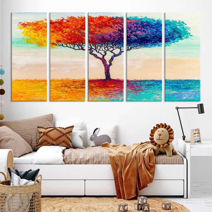 Vivid three-panel "Color Pop Tree Wall Art Canvas Print," elegantly gallery wrapped, showcasing its vibrant leaves.