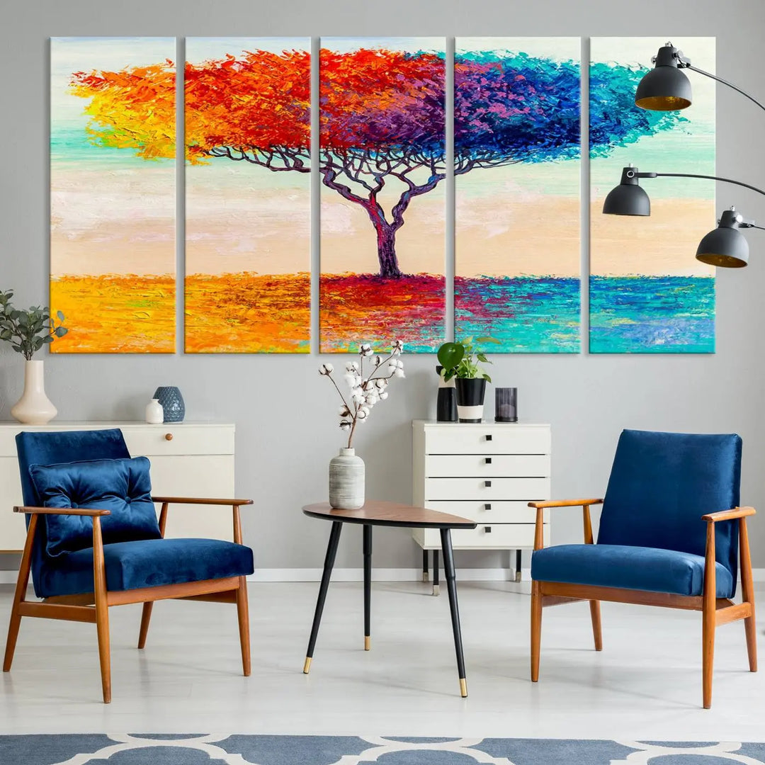 Vivid three-panel "Color Pop Tree Wall Art Canvas Print," elegantly gallery wrapped, showcasing its vibrant leaves.