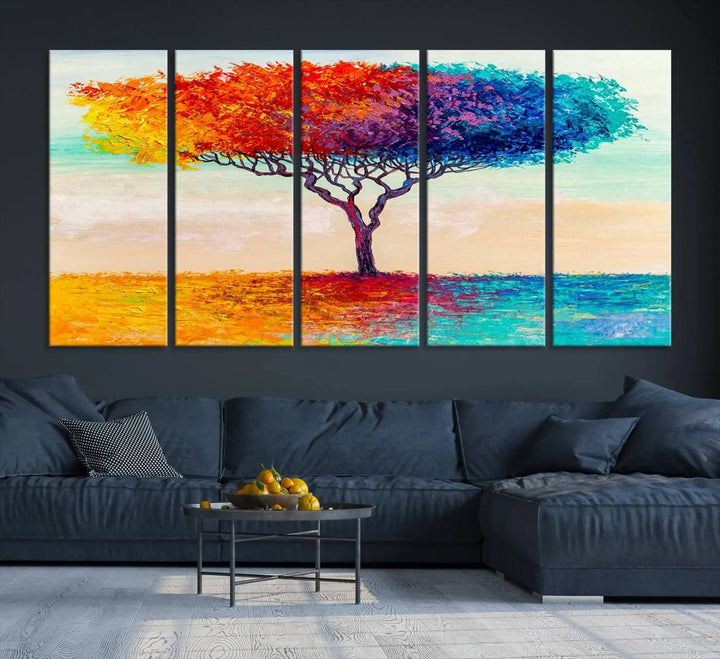 Vivid three-panel "Color Pop Tree Wall Art Canvas Print," elegantly gallery wrapped, showcasing its vibrant leaves.