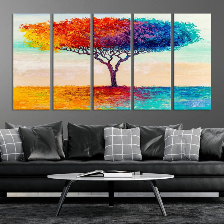 Vivid three-panel "Color Pop Tree Wall Art Canvas Print," elegantly gallery wrapped, showcasing its vibrant leaves.