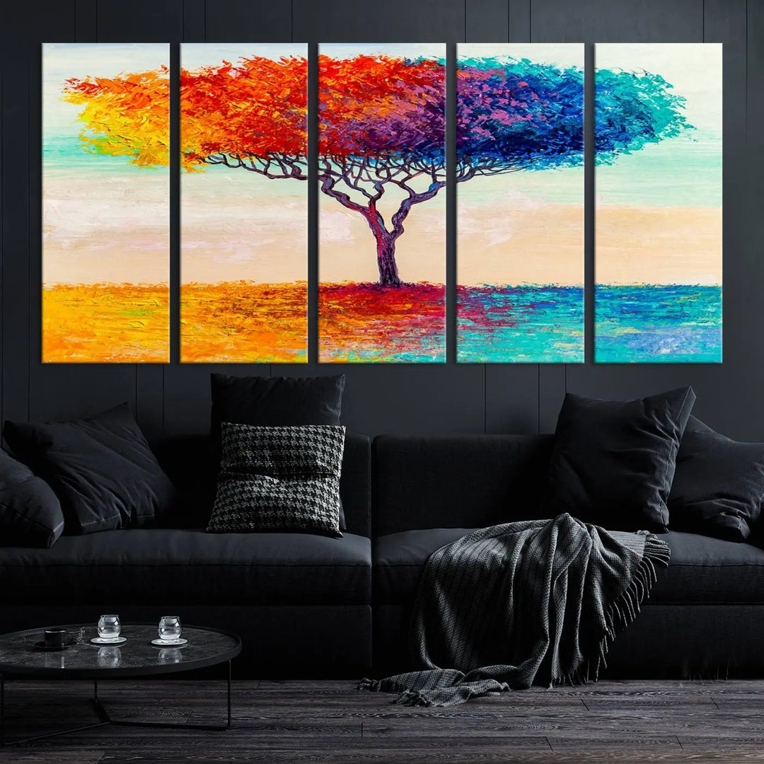 Vivid three-panel "Color Pop Tree Wall Art Canvas Print," elegantly gallery wrapped, showcasing its vibrant leaves.