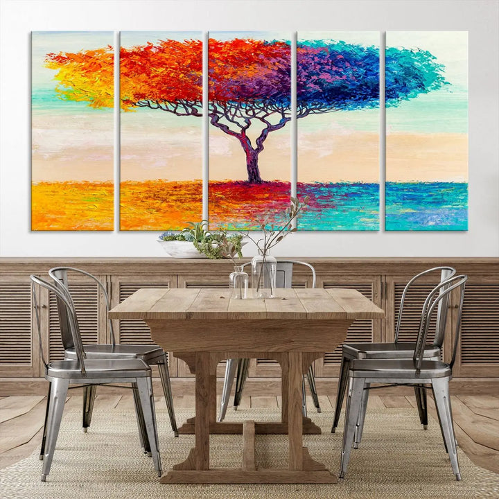 Vivid three-panel "Color Pop Tree Wall Art Canvas Print," elegantly gallery wrapped, showcasing its vibrant leaves.