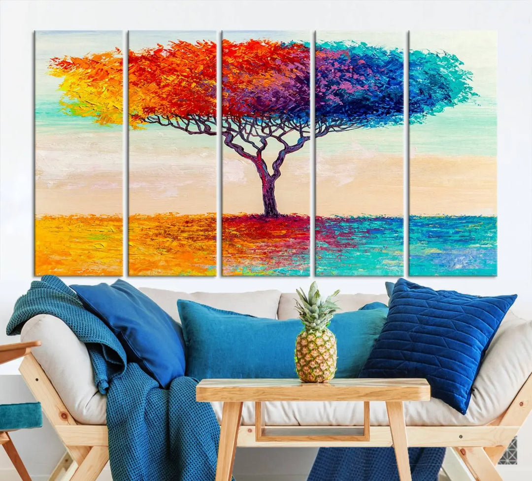 Vivid three-panel "Color Pop Tree Wall Art Canvas Print," elegantly gallery wrapped, showcasing its vibrant leaves.