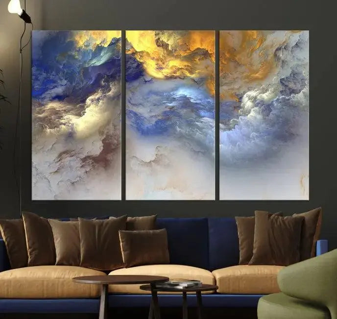 The room features the Color Smoke Art Wall Art Canvas Print, which showcases abstract cloud art. This museum-quality piece is ready to hang and includes a UV-protective coating for long-lasting beauty.