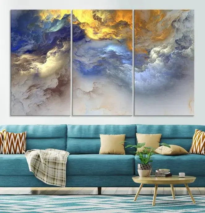 The room features the Color Smoke Art Wall Art Canvas Print, which showcases abstract cloud art. This museum-quality piece is ready to hang and includes a UV-protective coating for long-lasting beauty.