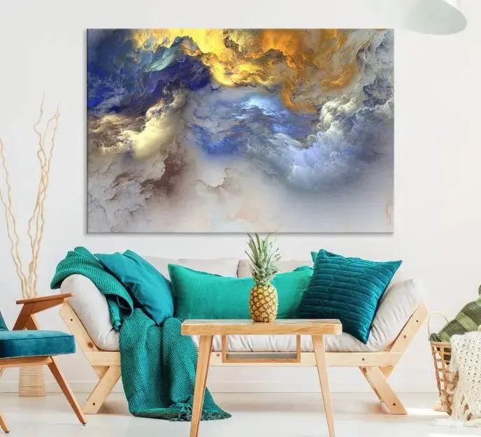 The room features the Color Smoke Art Wall Art Canvas Print, which showcases abstract cloud art. This museum-quality piece is ready to hang and includes a UV-protective coating for long-lasting beauty.