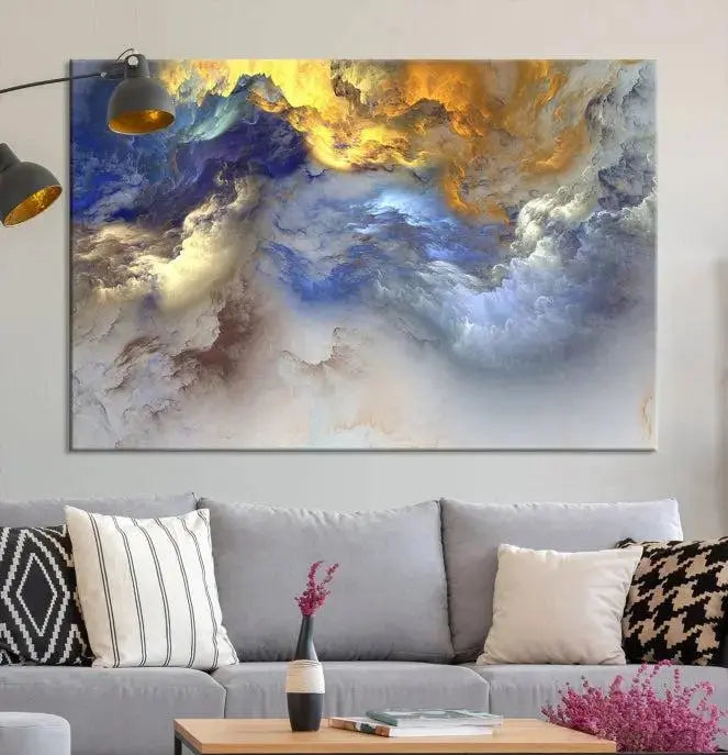 The room features the Color Smoke Art Wall Art Canvas Print, which showcases abstract cloud art. This museum-quality piece is ready to hang and includes a UV-protective coating for long-lasting beauty.