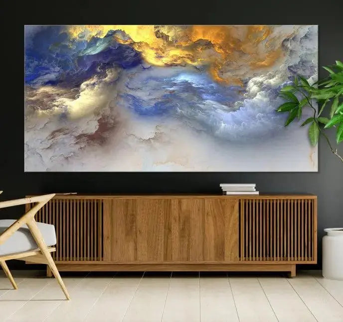 The room features the Color Smoke Art Wall Art Canvas Print, which showcases abstract cloud art. This museum-quality piece is ready to hang and includes a UV-protective coating for long-lasting beauty.