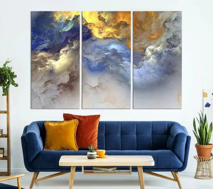 The room features the Color Smoke Art Wall Art Canvas Print, which showcases abstract cloud art. This museum-quality piece is ready to hang and includes a UV-protective coating for long-lasting beauty.