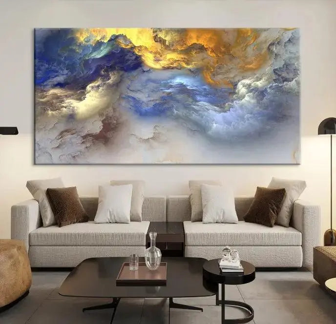 The room features the Color Smoke Art Wall Art Canvas Print, which showcases abstract cloud art. This museum-quality piece is ready to hang and includes a UV-protective coating for long-lasting beauty.