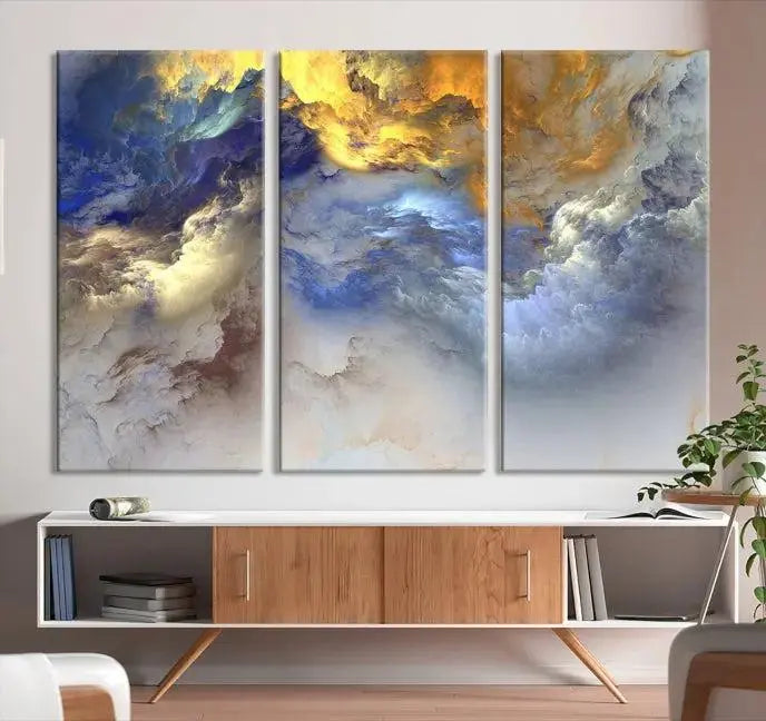 The room features the Color Smoke Art Wall Art Canvas Print, which showcases abstract cloud art. This museum-quality piece is ready to hang and includes a UV-protective coating for long-lasting beauty.