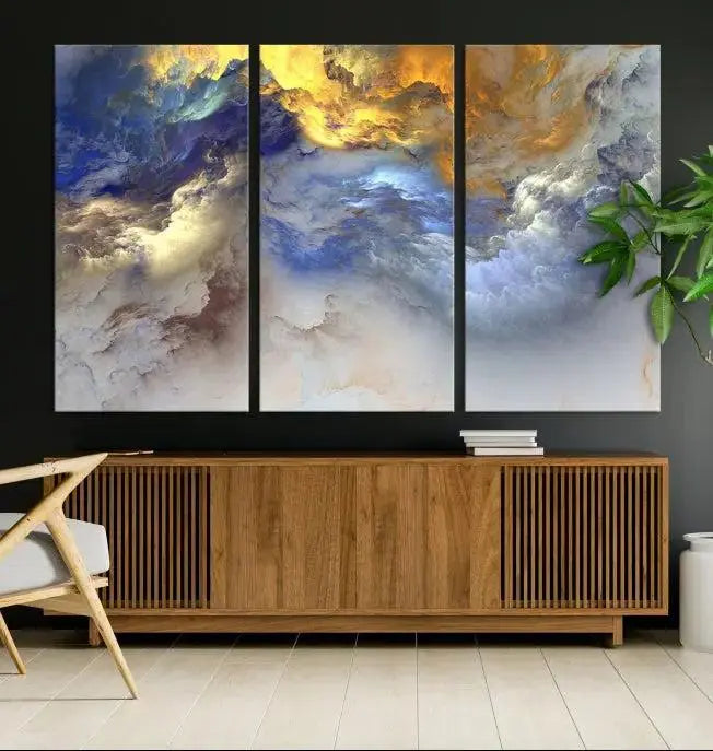 The room features the Color Smoke Art Wall Art Canvas Print, which showcases abstract cloud art. This museum-quality piece is ready to hang and includes a UV-protective coating for long-lasting beauty.