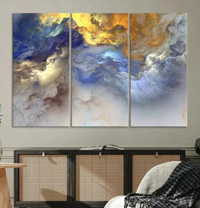 The room features the Color Smoke Art Wall Art Canvas Print, which showcases abstract cloud art. This museum-quality piece is ready to hang and includes a UV-protective coating for long-lasting beauty.