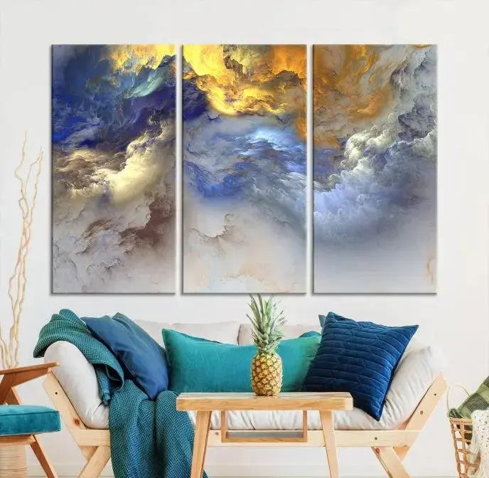 The room features the Color Smoke Art Wall Art Canvas Print, which showcases abstract cloud art. This museum-quality piece is ready to hang and includes a UV-protective coating for long-lasting beauty.