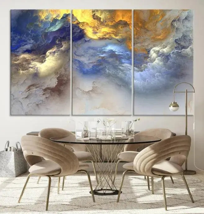 The room features the Color Smoke Art Wall Art Canvas Print, which showcases abstract cloud art. This museum-quality piece is ready to hang and includes a UV-protective coating for long-lasting beauty.