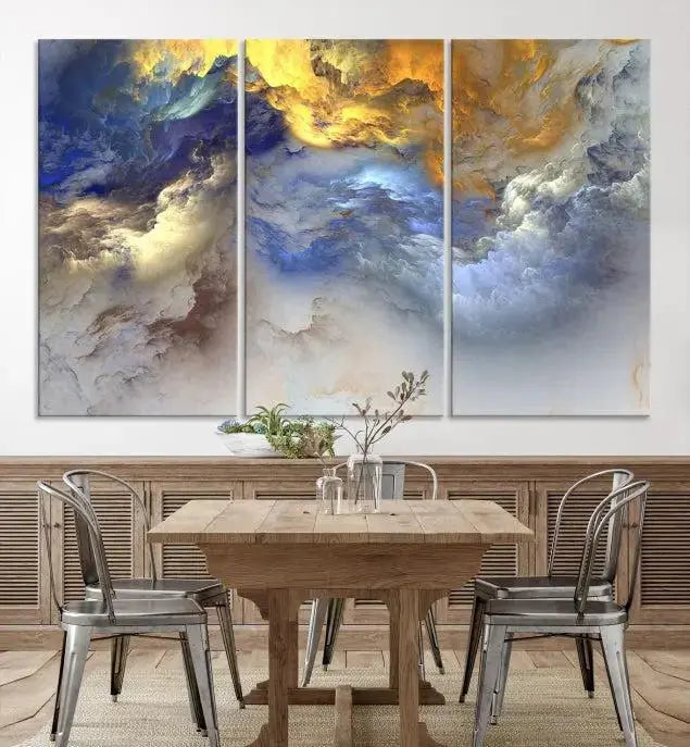 The room features the Color Smoke Art Wall Art Canvas Print, which showcases abstract cloud art. This museum-quality piece is ready to hang and includes a UV-protective coating for long-lasting beauty.