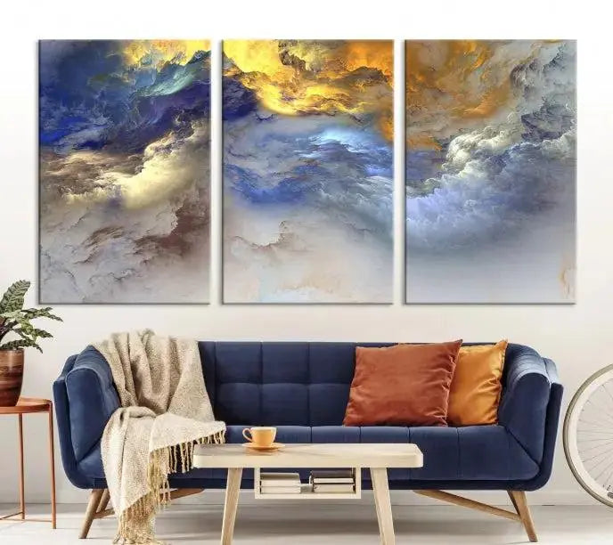 The room features the Color Smoke Art Wall Art Canvas Print, which showcases abstract cloud art. This museum-quality piece is ready to hang and includes a UV-protective coating for long-lasting beauty.