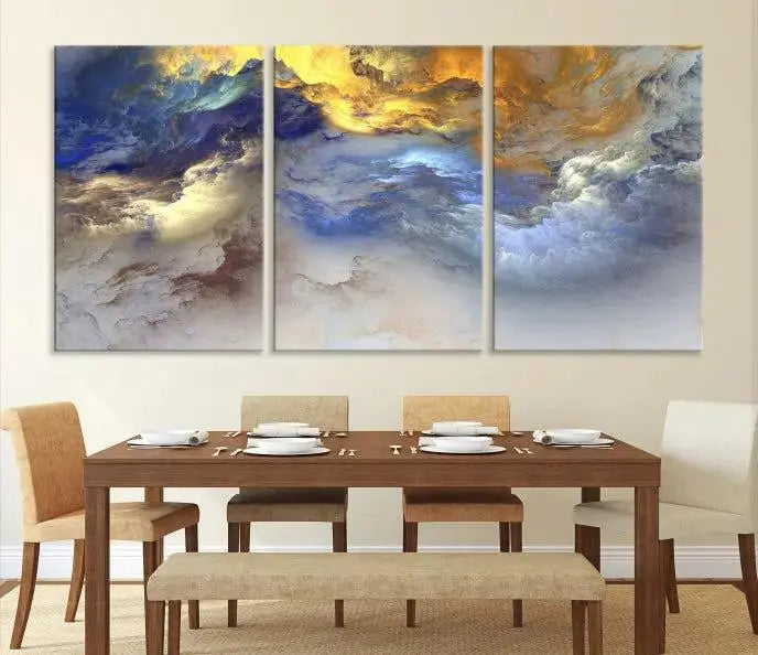 The room features the Color Smoke Art Wall Art Canvas Print, which showcases abstract cloud art. This museum-quality piece is ready to hang and includes a UV-protective coating for long-lasting beauty.