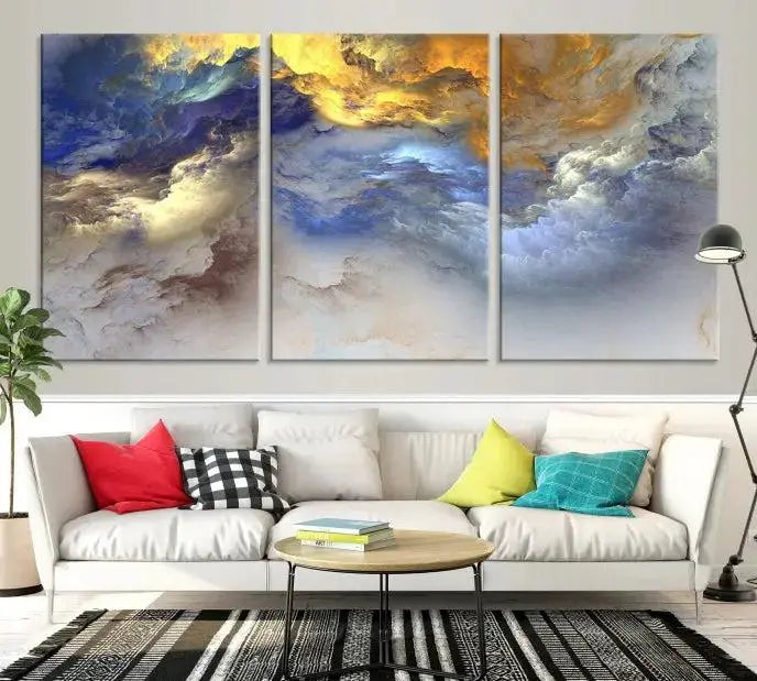 The room features the Color Smoke Art Wall Art Canvas Print, which showcases abstract cloud art. This museum-quality piece is ready to hang and includes a UV-protective coating for long-lasting beauty.