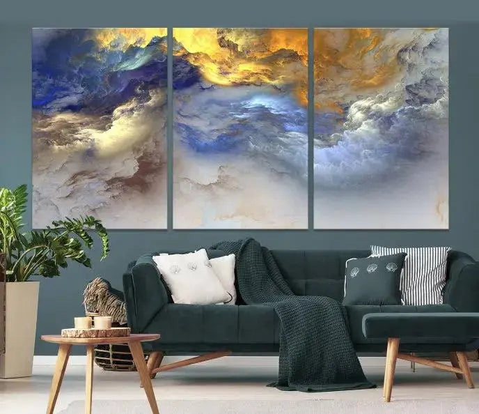 The room features the Color Smoke Art Wall Art Canvas Print, which showcases abstract cloud art. This museum-quality piece is ready to hang and includes a UV-protective coating for long-lasting beauty.