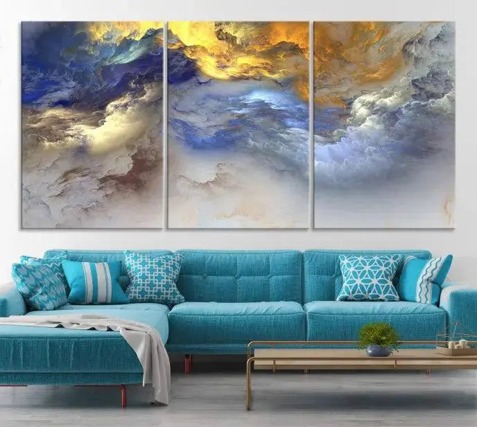 The room features the Color Smoke Art Wall Art Canvas Print, which showcases abstract cloud art. This museum-quality piece is ready to hang and includes a UV-protective coating for long-lasting beauty.