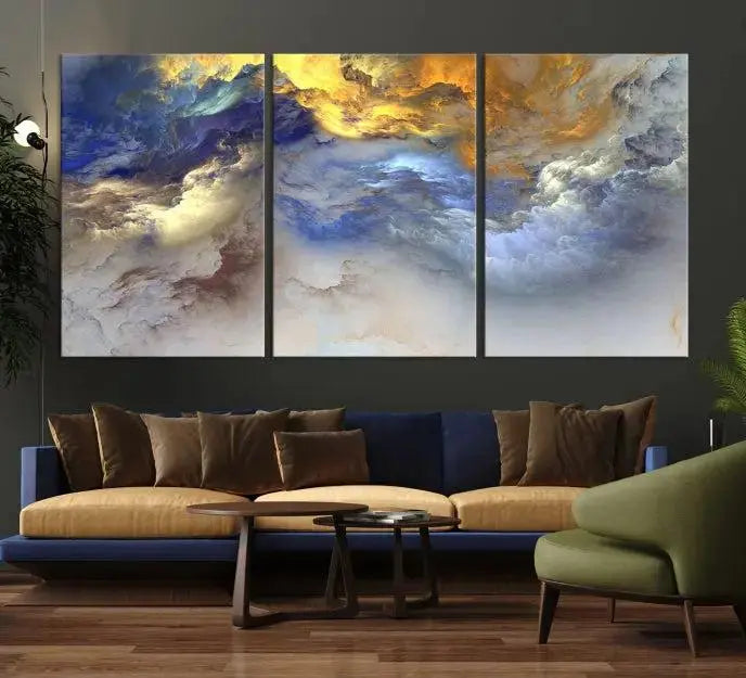 The room features the Color Smoke Art Wall Art Canvas Print, which showcases abstract cloud art. This museum-quality piece is ready to hang and includes a UV-protective coating for long-lasting beauty.