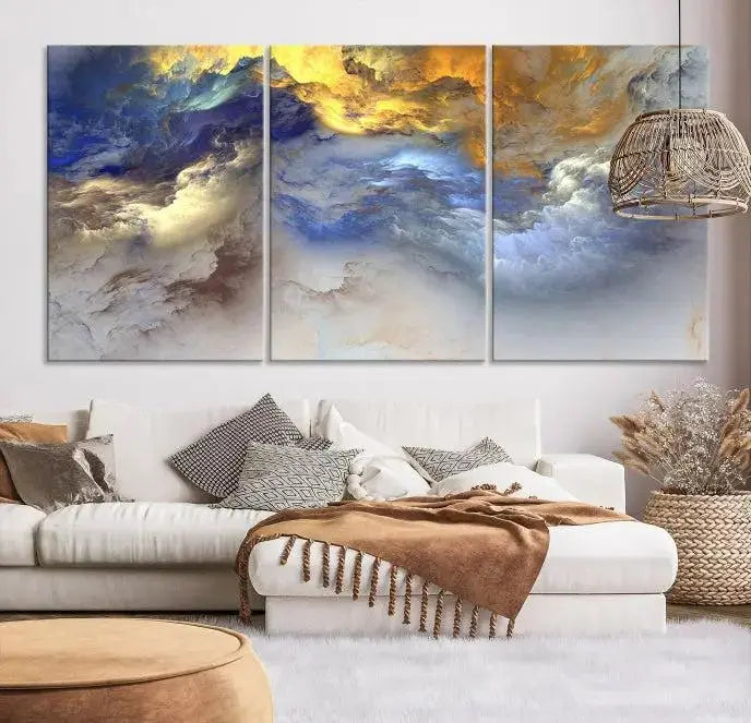 The room features the Color Smoke Art Wall Art Canvas Print, which showcases abstract cloud art. This museum-quality piece is ready to hang and includes a UV-protective coating for long-lasting beauty.