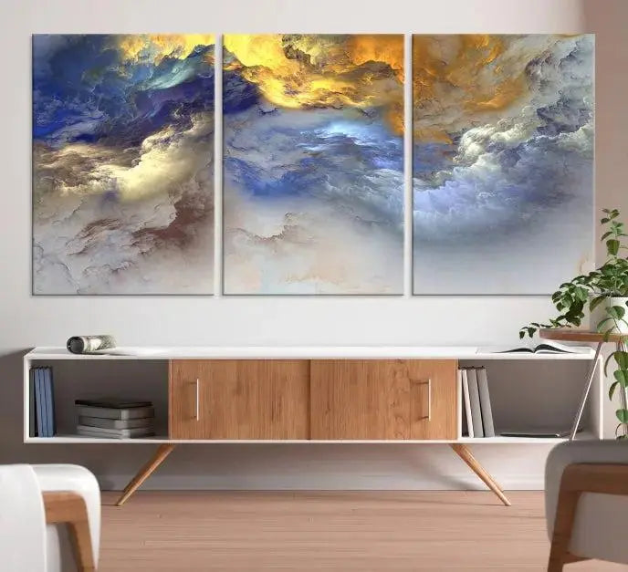 The room features the Color Smoke Art Wall Art Canvas Print, which showcases abstract cloud art. This museum-quality piece is ready to hang and includes a UV-protective coating for long-lasting beauty.