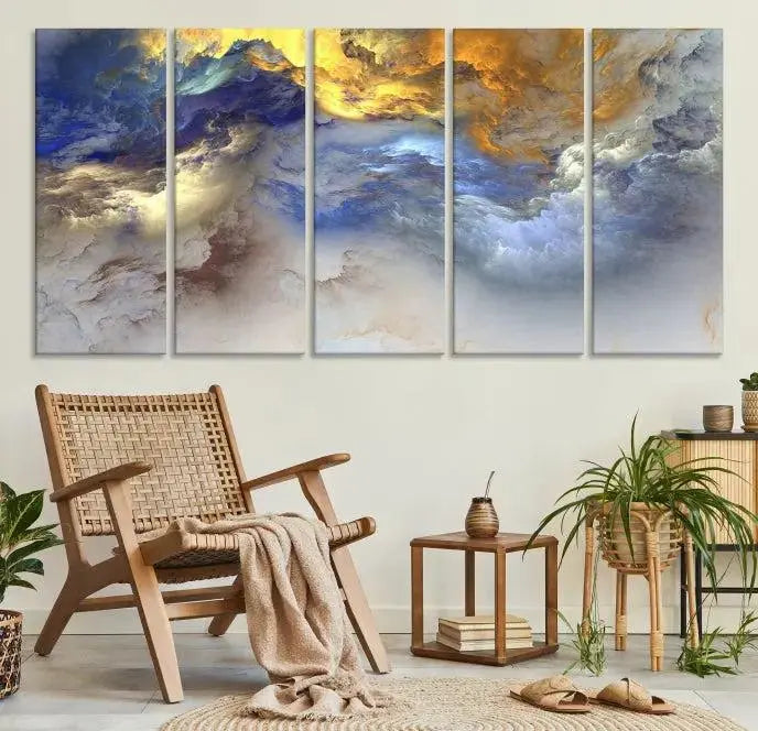 The room features the Color Smoke Art Wall Art Canvas Print, which showcases abstract cloud art. This museum-quality piece is ready to hang and includes a UV-protective coating for long-lasting beauty.