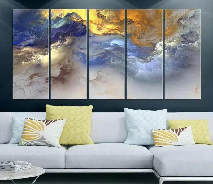 The room features the Color Smoke Art Wall Art Canvas Print, which showcases abstract cloud art. This museum-quality piece is ready to hang and includes a UV-protective coating for long-lasting beauty.