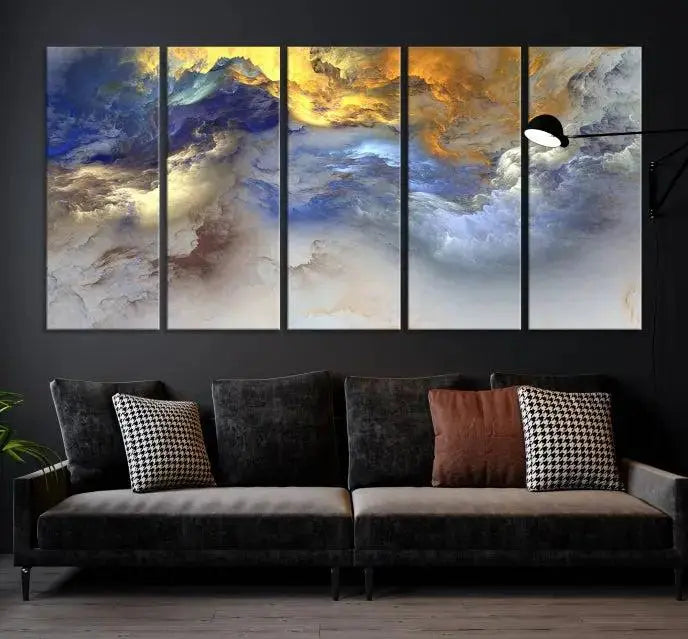 The room features the Color Smoke Art Wall Art Canvas Print, which showcases abstract cloud art. This museum-quality piece is ready to hang and includes a UV-protective coating for long-lasting beauty.