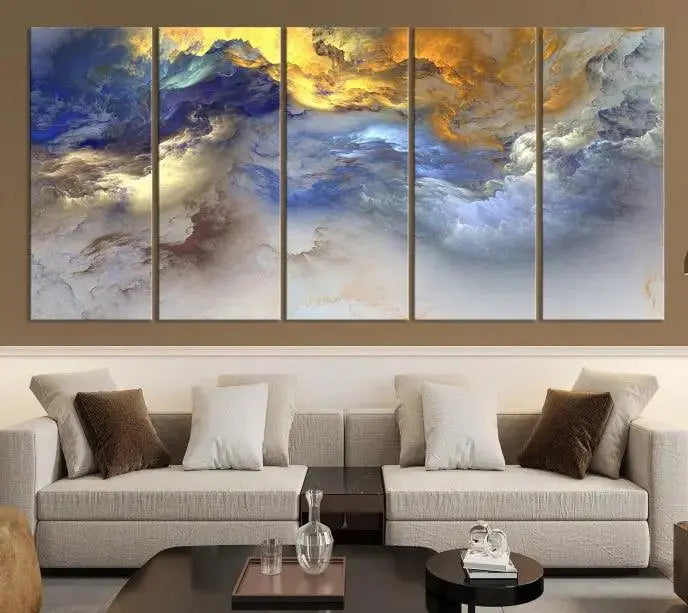 The room features the Color Smoke Art Wall Art Canvas Print, which showcases abstract cloud art. This museum-quality piece is ready to hang and includes a UV-protective coating for long-lasting beauty.