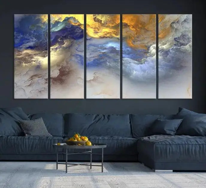 The room features the Color Smoke Art Wall Art Canvas Print, which showcases abstract cloud art. This museum-quality piece is ready to hang and includes a UV-protective coating for long-lasting beauty.