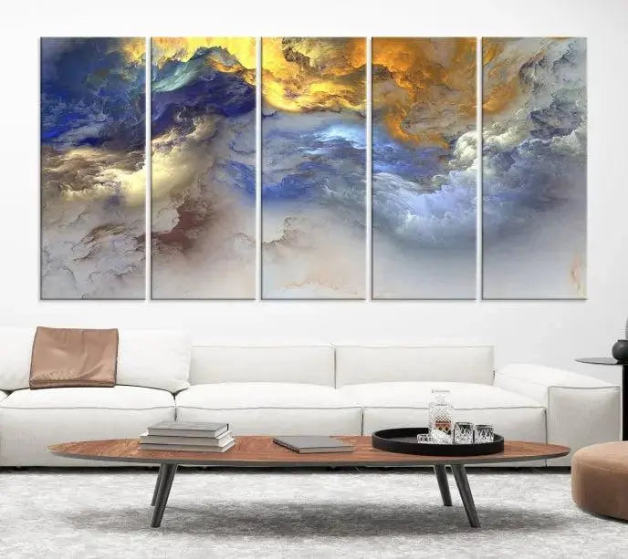 The room features the Color Smoke Art Wall Art Canvas Print, which showcases abstract cloud art. This museum-quality piece is ready to hang and includes a UV-protective coating for long-lasting beauty.