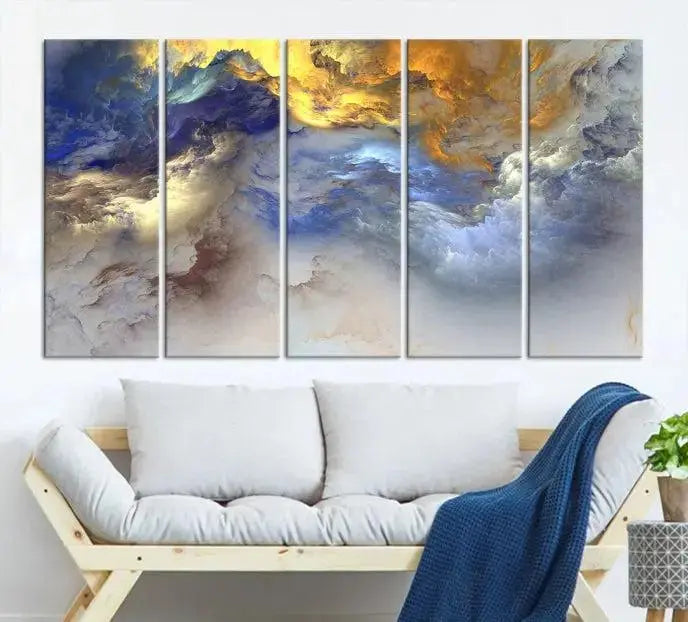 The room features the Color Smoke Art Wall Art Canvas Print, which showcases abstract cloud art. This museum-quality piece is ready to hang and includes a UV-protective coating for long-lasting beauty.