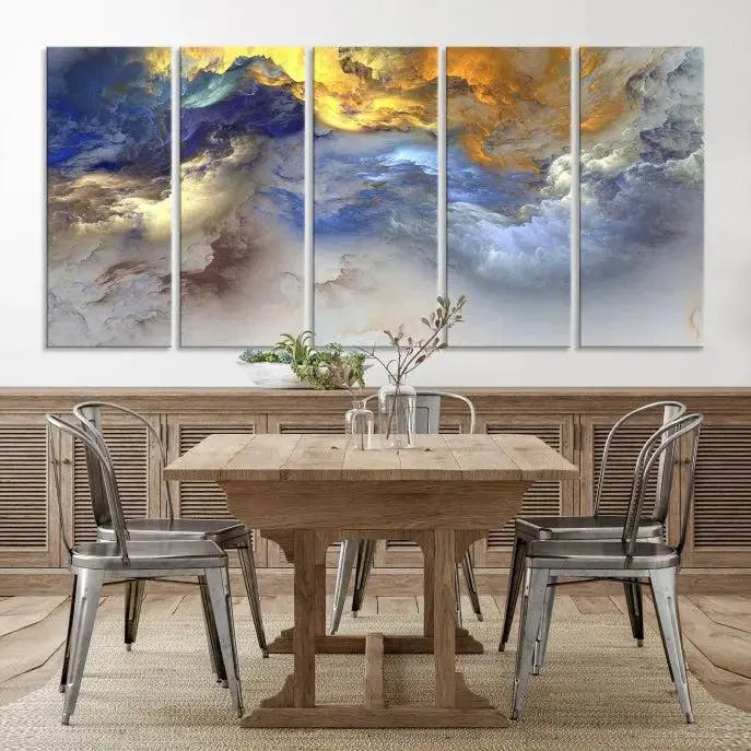 The room features the Color Smoke Art Wall Art Canvas Print, which showcases abstract cloud art. This museum-quality piece is ready to hang and includes a UV-protective coating for long-lasting beauty.